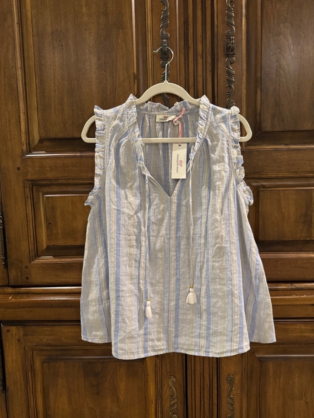 Vineyard Vines Blue Striped Ruffle Tie-Front Linen Top - NWT - Medium
